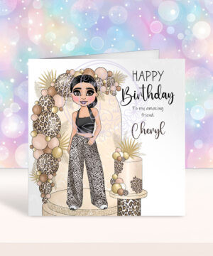 personalised girl in trousers cream & leopard cake & balloons birthday card