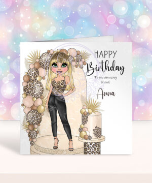personalised lady in leather trousers cream & leopard cake & balloons birthday card