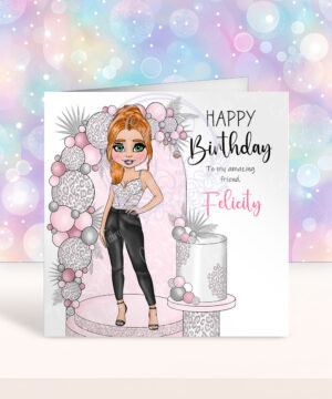 personalised lady in leather trousers pink leopard cake & balloons birthday card