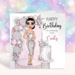 personalised lady in dress pink leopard cake & balloons birthday card