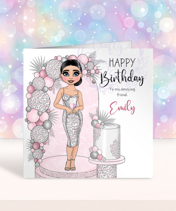 personalised lady in dress pink leopard cake & balloons birthday card