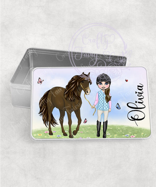 personalised horse rider girl in gillet medium tin