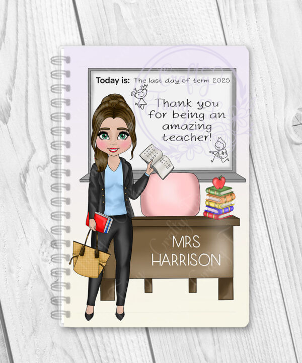 personalised teacher ta whiteboard leaving gift a5 notebook blue top black trousers outfit 5