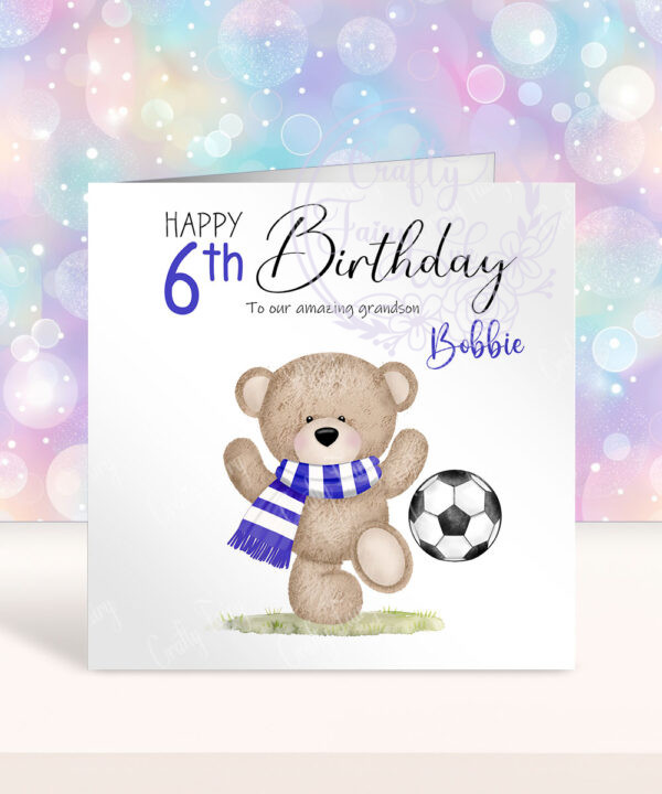 personalised teddy bear with scarf footballer birthday card
