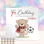 personalised teddy bear with scarf footballer birthday card