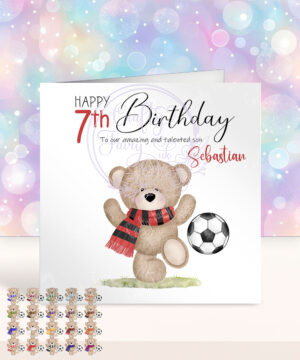 personalised teddy bear with scarf footballer birthday card