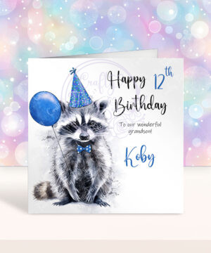 personalised raccoon with blue bow tie birthday card