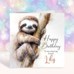 personalised climbing sloth birthday card