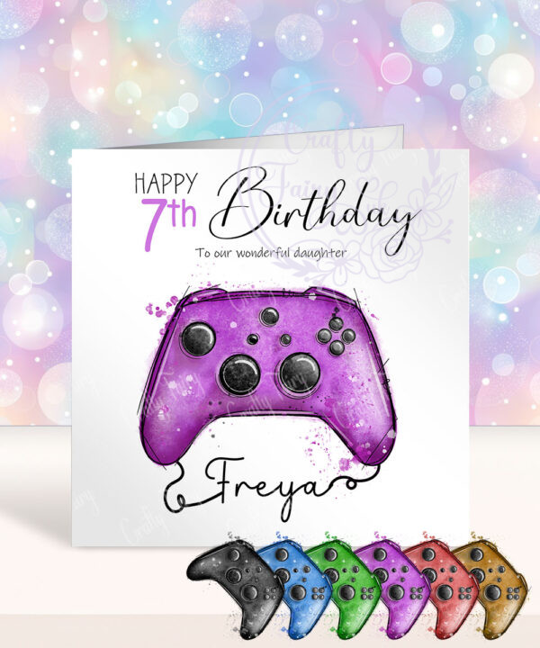 personalised abstract watercolour gaming controller name in cord birthday card
