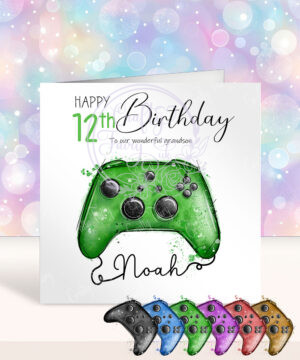 personalised abstract watercolour gaming controller name in cord birthday card
