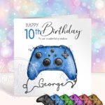 personalised abstract watercolour gaming controller name in cord birthday card