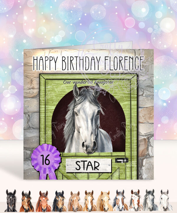 personalised horse in stable birthday card