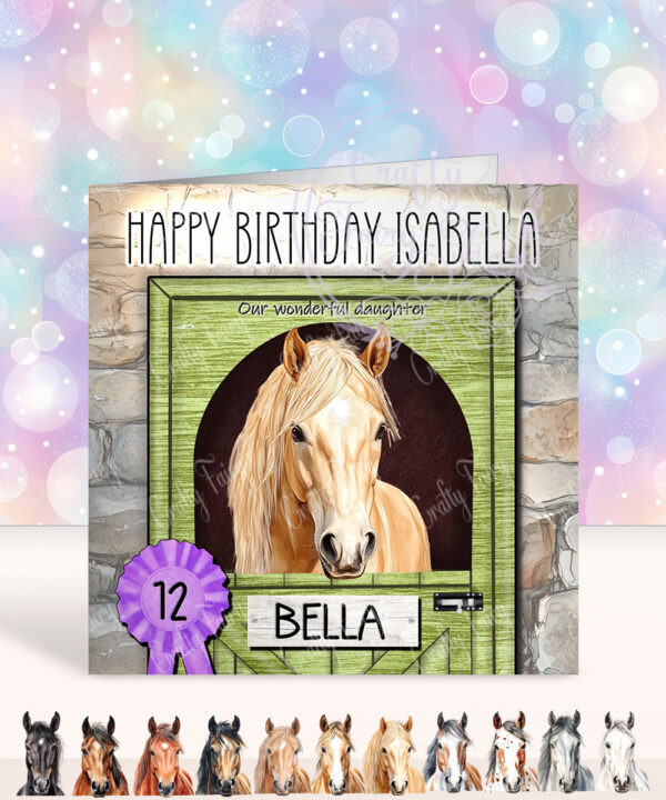 personalised horse in stable birthday card