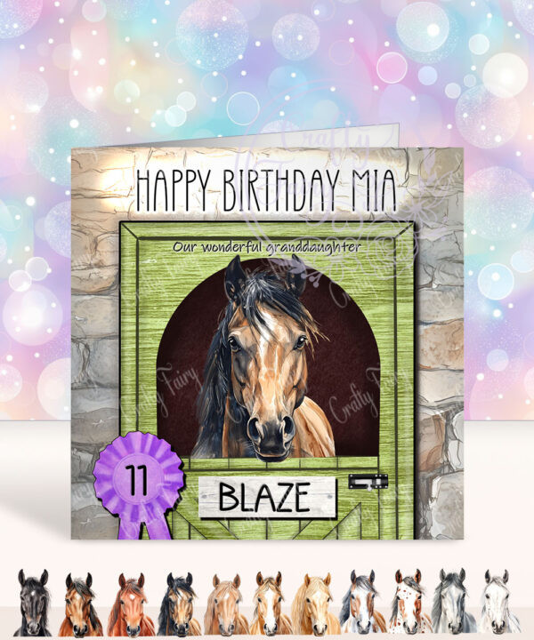 personalised horse in stable birthday card