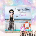 personalised cruise ship lady in black swimsuit birthday card