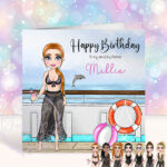 personalised cruise ship lady in black swimsuit birthday card