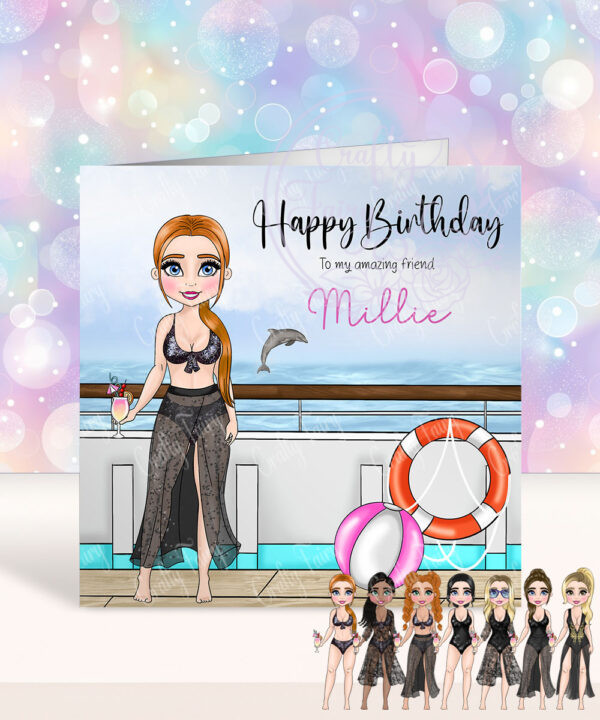 personalised cruise ship lady in black swimsuit birthday card