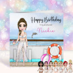 personalised cruise ship lady in white swimsuit birthday card