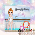 personalised cruise ship lady in white swimsuit birthday card