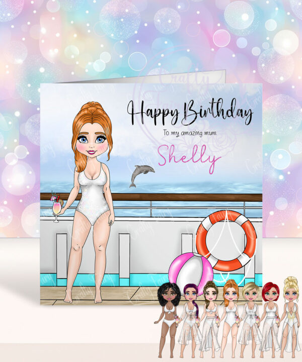 personalised cruise ship lady in white swimsuit birthday card