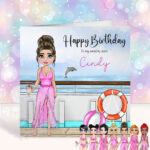 personalised cruise ship lady in pink swimsuit birthday card