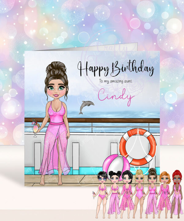 personalised cruise ship lady in pink swimsuit birthday card