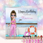 personalised cruise ship lady in pink swimsuit birthday card