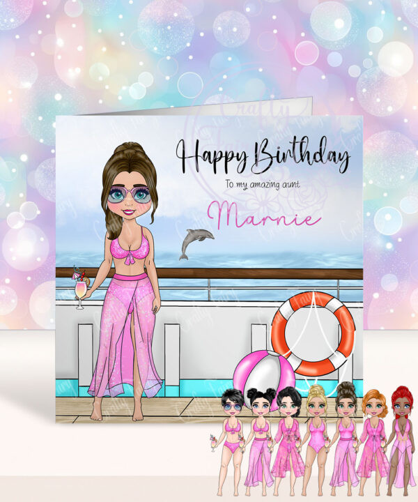 personalised cruise ship lady in pink swimsuit birthday card
