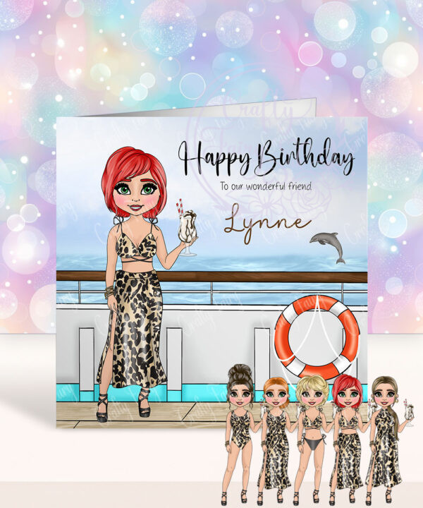 personalised cruise ship lady in leopard print birthday card