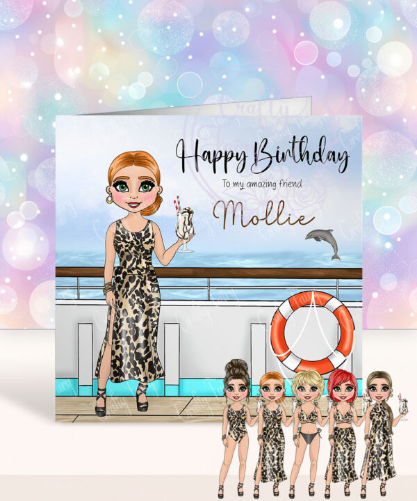 personalised cruise ship lady in leopard print birthday card