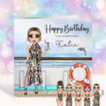 personalised cruise ship lady in leopard print birthday card