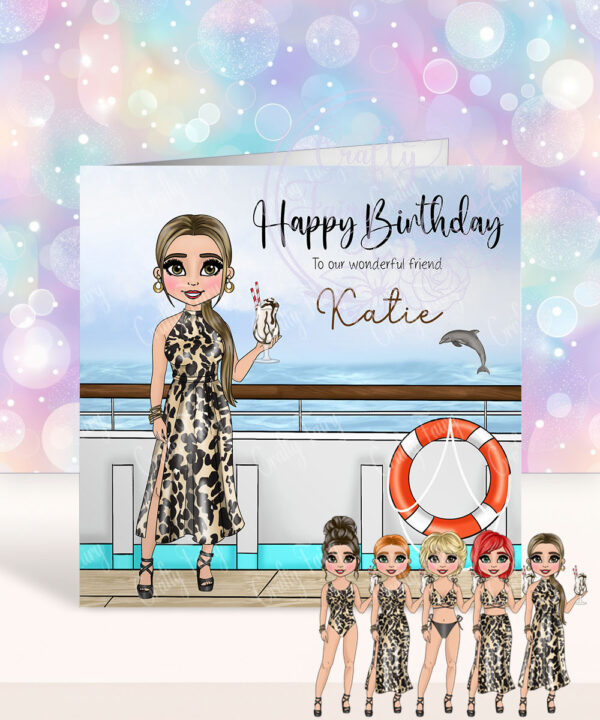 personalised cruise ship lady in leopard print birthday card