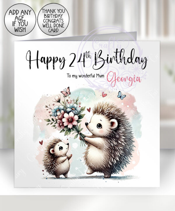 personalised mummy hedgehog and baby bunch of flowers birthday or mother's day card
