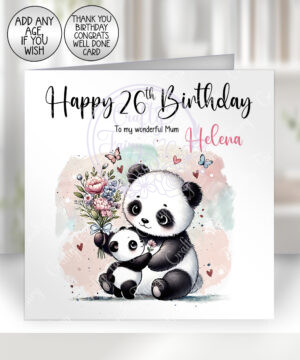 personalised mummy panda and baby bunch of flowers birthday or mother's day card