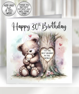 personalised mummy bear & baby under tree birthday or mother's day card
