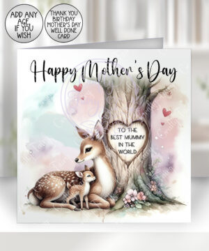 personalised mummy deer & baby fawn under tree birthday or mother's day card
