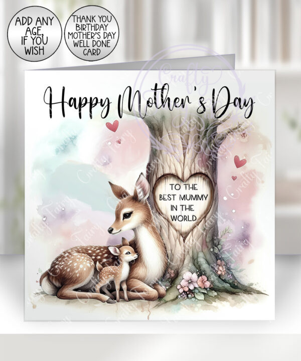 personalised mummy deer & baby fawn under tree birthday or mother's day card
