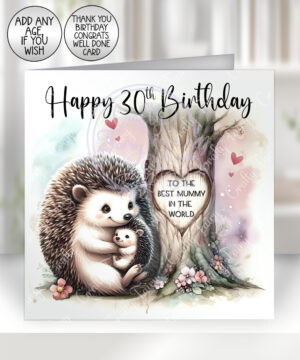 personalised mummy hedgehog & baby under tree birthday or mother's day card
