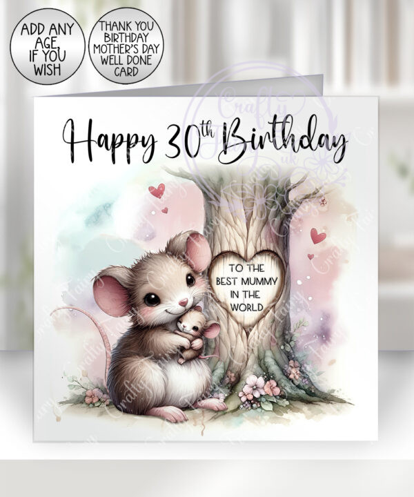 personalised mummy mouse & baby under tree birthday or mother's day card