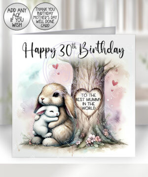 personalised mummy bunny rabbit & baby under tree birthday or mother's day card