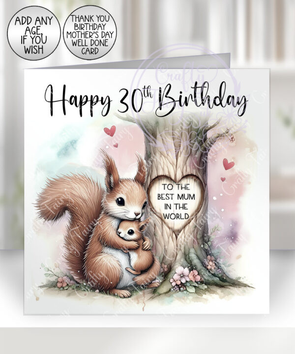 personalised mummy squirrel & baby under tree birthday or mother's day card
