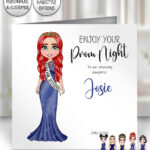 personalised school leavers prom card girl in navy blue dress
