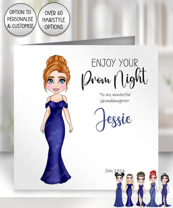 personalised school leavers prom card girl in navy blue dress