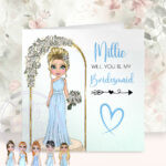personalised will you be my bridesmaid or maid of honour card blue dress