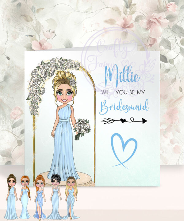 personalised will you be my bridesmaid or maid of honour card blue dress
