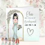 personalised will you be my bridesmaid or maid of honour card green dress