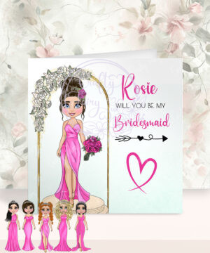personalised will you be my bridesmaid or maid of honour card hot pink dress