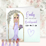 personalised will you be my bridesmaid or maid of honour card lilac dress