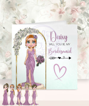 personalised will you be my bridesmaid or maid of honour card mauve dress