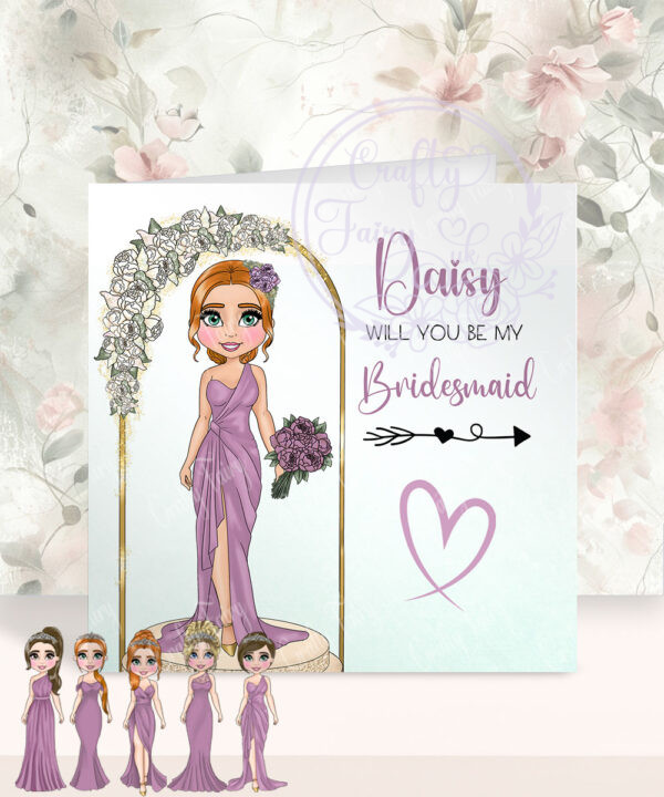 personalised will you be my bridesmaid or maid of honour card mauve dress